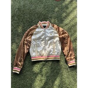 Y2k ROCAWEAR Satin Bomber Jacket M Track Bown Pink Ivory Gold Logo by JayZ Vtg